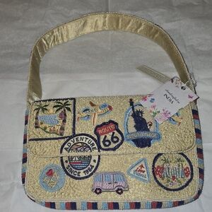 T.J.Maxx Beaded Beige Shoulder Bag with Colorful Travel Patches